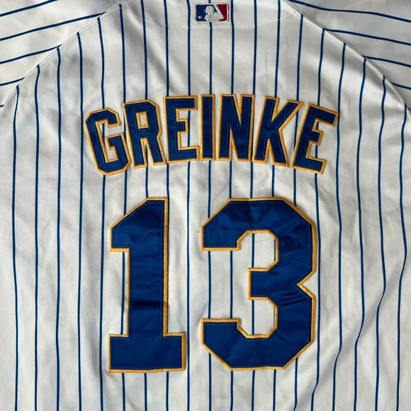 Vtg Majestic Milwaukee Brewers Zack Greinke #13 Men’s White Pinstripe Jersey 52 - Picture 3 of 6